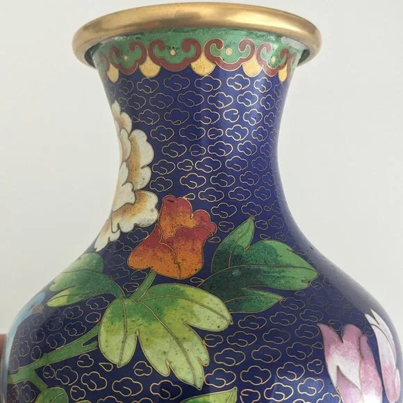 Vtg 10" Oriental Cloisonne Vase Blue Bird Dahlia Plum Royal Blue Asian Chinese - Picture 11 of 15